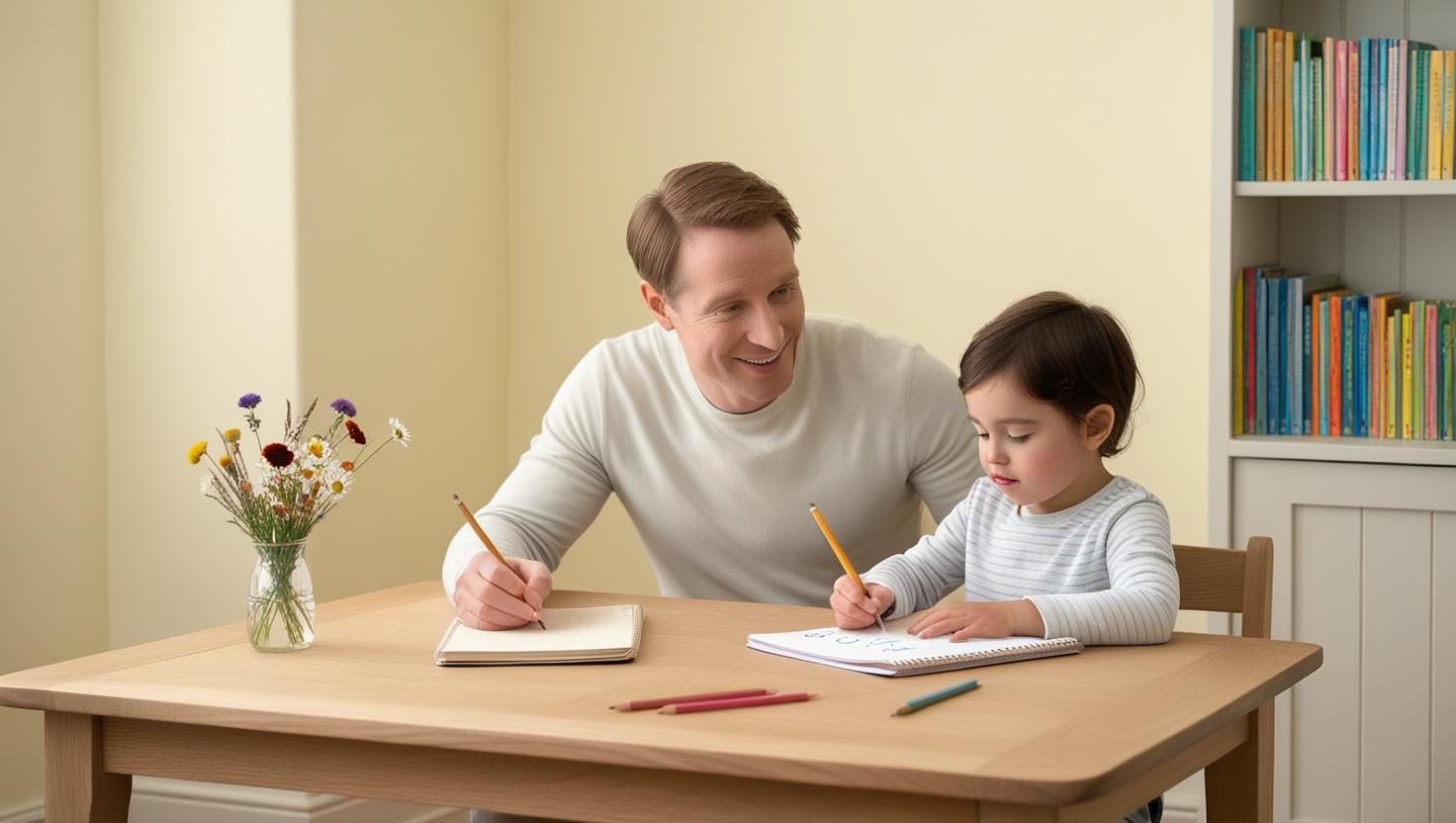 Mesa de madeira clara com vaso de vidro e flores secas, cadeiras e armário com livros ao fundo
