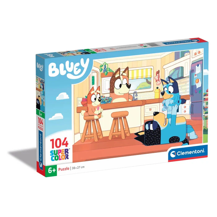 Puzzle Bluey - 104 Peças, Clementoni Caixa de puzzle Clementoni com ilustração de cães na cozinha e texto 104 peças, 6+ anos, Super Color