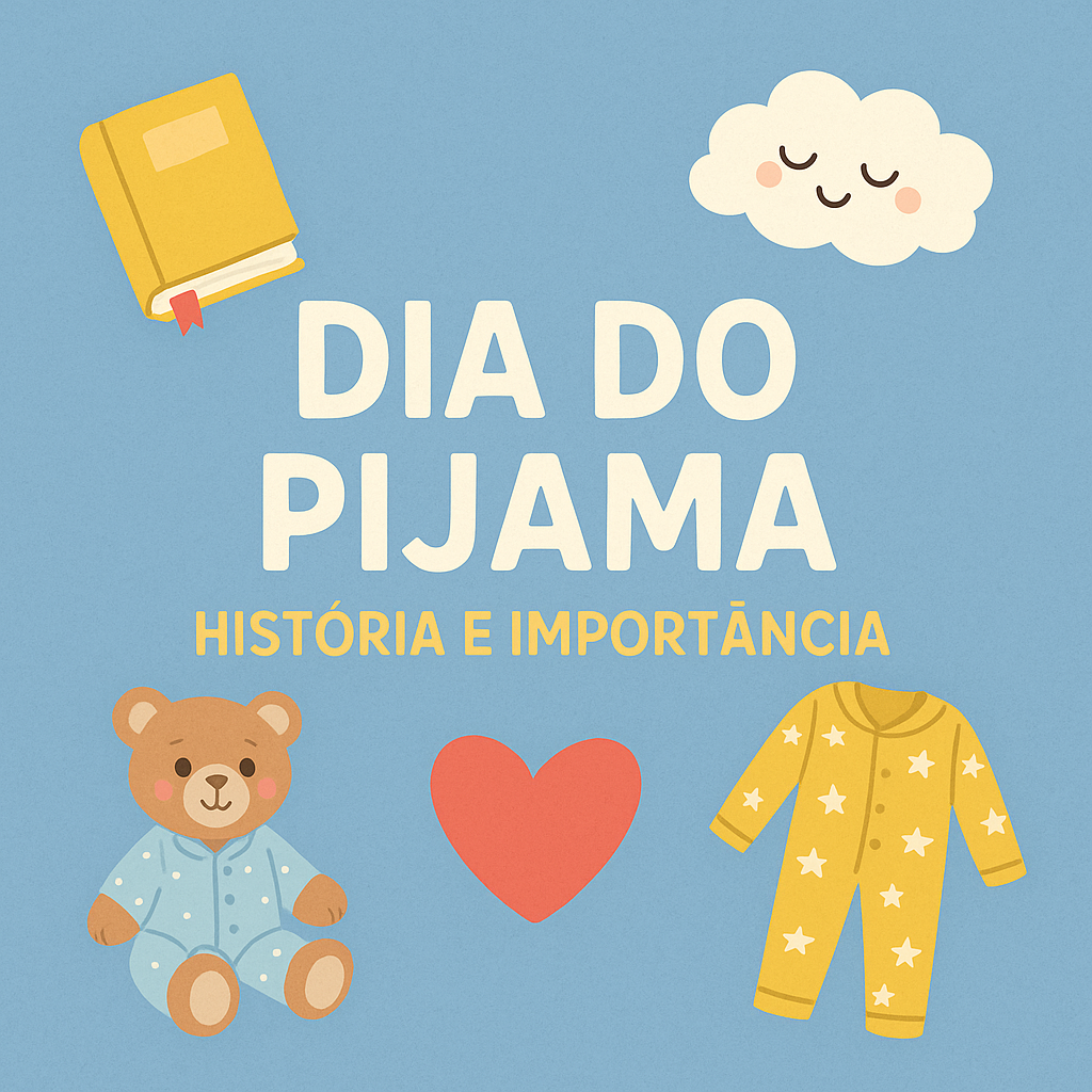 Imagem azul com texto sobre dia do pijama e desenhos de livro, nuvem, urso de pijama e pijama amarelo