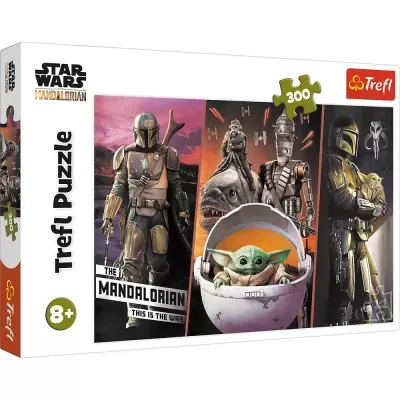 Caixa de puzzle Trefl 300 peças Star Wars The Mandalorian com personagens da série.