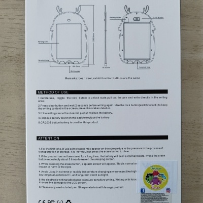Embalagem branca de LCD Writing Tablet com texto preto e diagrama do produto