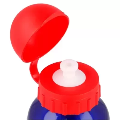 Garrafa azul com tampa vermelha e bico branco de beber