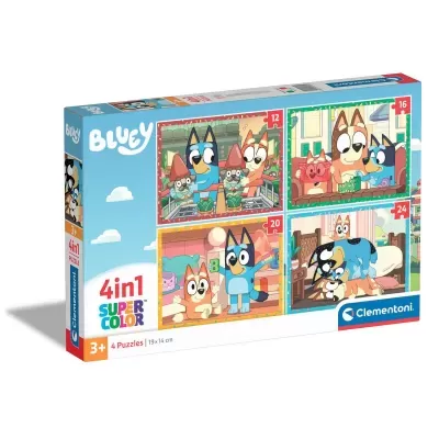 Caixa de puzzle Bluey 4 em 1 da Clementoni com imagens dos personagens em quatro puzzles coloridos.