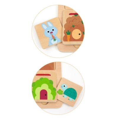 Peças de puzzle de madeira com desenhos de animais e casa de árvore coloridas.