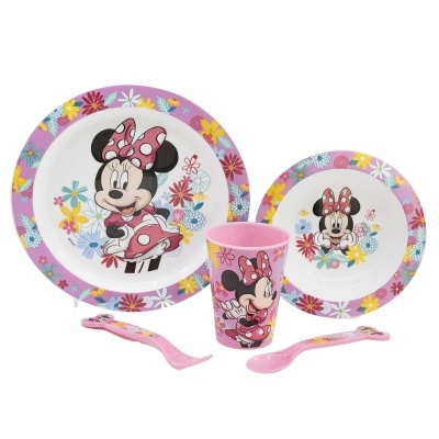 Conjunto de loiça infantil Minnie com prato, copo, garfo e colher rosa e multicolorido