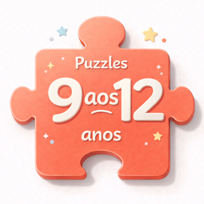 Peça de puzzle laranja com texto Puzzles 9 aos 12 anos decorada com estrelas coloridas