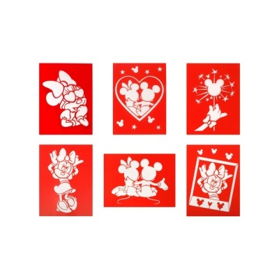 Seis desenhos vermelhos com personagens da Disney Minnie e Mickey Mouse em poses variadas