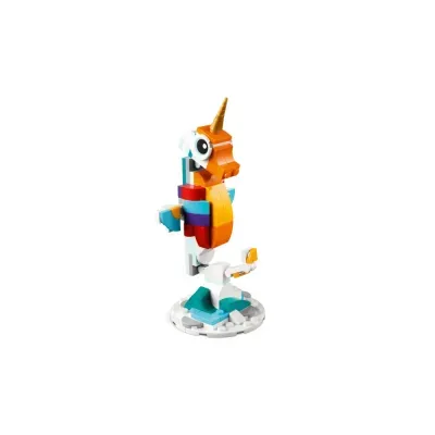 Figura de unicórnio Lego colorido com chifre dourado e base branca