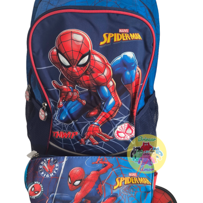 Mochila azul infantil com tema Spider-Man e estojo combinando