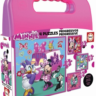 Estojo rosa com puzzles progressivos da Minnie e amigos, 4 puzzles com diferentes números de peças