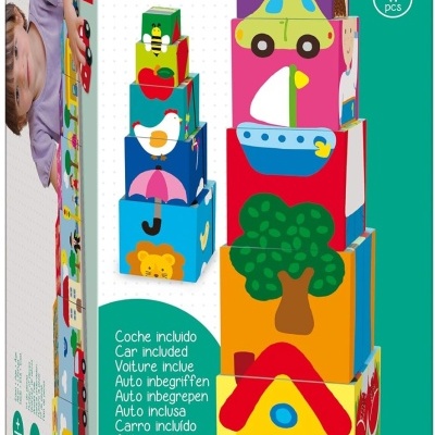 Caixa de brinquedo empilhável com cubos coloridos e um carro vermelho