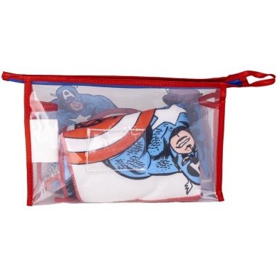 Estojo transparente com fecho vermelho e tecido com estampa do Capitão América