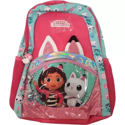 Mochila infantil rosa e azul com padrões de gatos e personagens animados