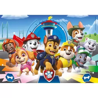 Personagens da Patrulha Pata em várias cores e fardas com torre ao fundo