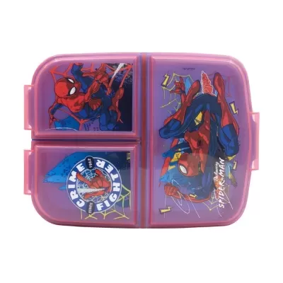 Marmita cor-de-rosa com imagens do Homem-Aranha e texto temático.
