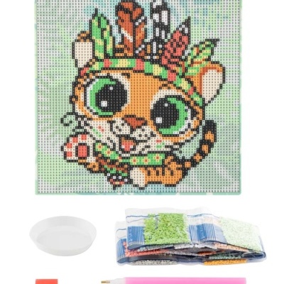 Kit pintura diamante tigre desenho animado com penas e acessórios