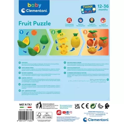 Embalagem de puzzle infantil Fruit Puzzle da Clementoni com instruções e desenhos de frutas
