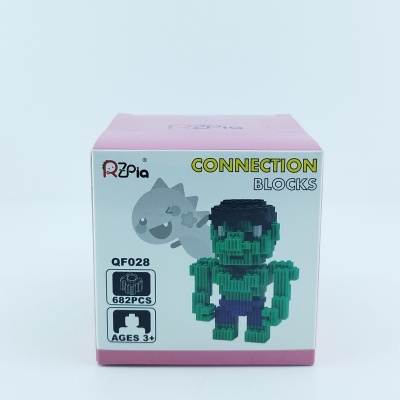 Caixa de blocos de construção RZPia com bonecos verde e cinzento em fundo branco e rosa