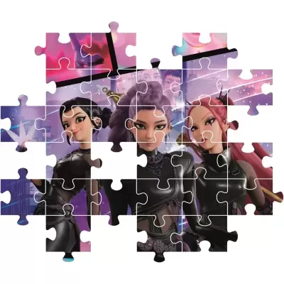 Puzzle com três personagens femininas animadas em roupas pretas futuristas sobre fundo roxo e azul.