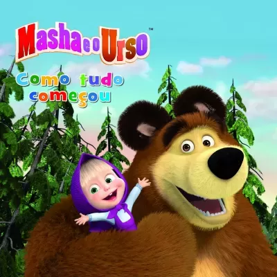 Personagens animados Masha e o Urso com fundo de árvore e céu azul