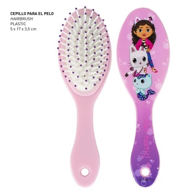 Escova de cabelo rosa com ilustração colorida no verso