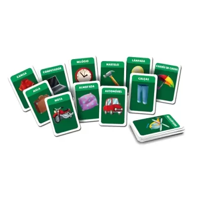 Cartas educativas com imagens e nomes de objetos em fundo verde