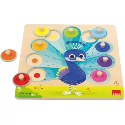 Puzzle de madeira colorido de pavão com peças redondas coloridas