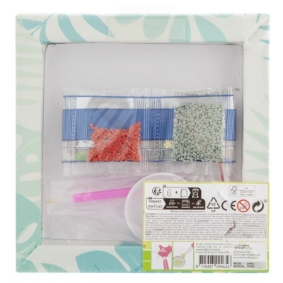 conjunto para pintura por números com tela estampada, grânulos rosa e cinza, pincel e selo de informações