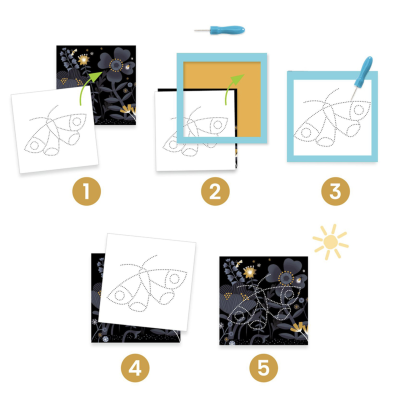 Passos para montar uma figura de borboleta em fundo preto com flores e estrelas amarelas