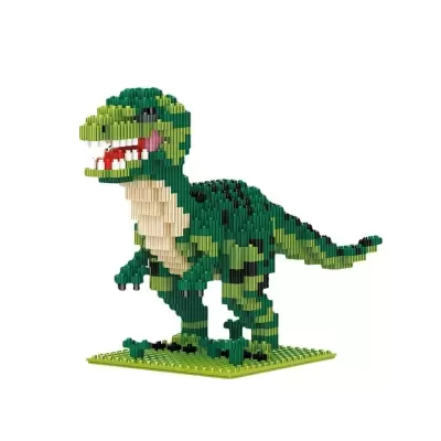Figura de dinossauro feita com blocos de montar em verde, bege e preto