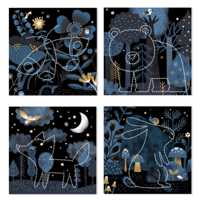 Ilustrações quadradas de animais com constelações sobre fundo azul escuro e dourado