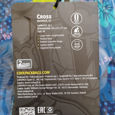 Etiqueta com informações técnicas de mochila COOLPACK modelo CROSS tamanho M