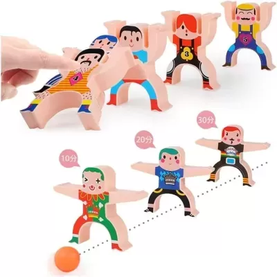 Bonecos de madeira coloridos de jogadores de basquetebol com bola laranja e números em balões cor-de-rosa