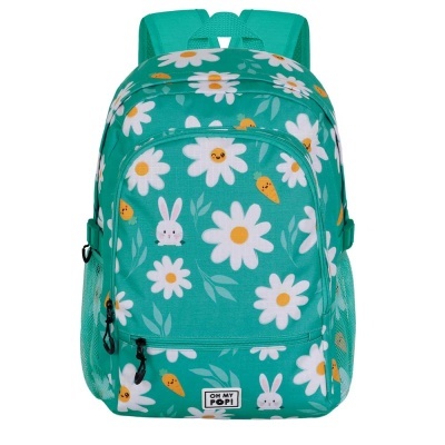 mochila verde água com flores, coelhos e cenouras desenhadas
