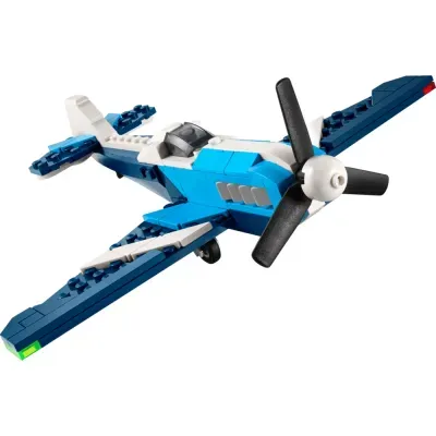 Modelo de avião azul e branco feito de blocos de montar com hélice preta
