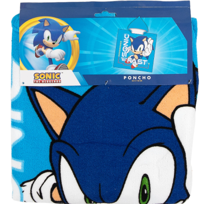 Poncho azul com imagem do rosto do Sonic the Hedgehog na embalagem.