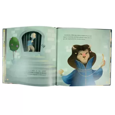 Livro ilustrado com personagem presa e personagem com cabeça de animal