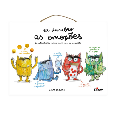 Caixa branca de jogo infantil 'eu descubro as emoções' com desenhos de quatro monstros coloridos e texto em português.