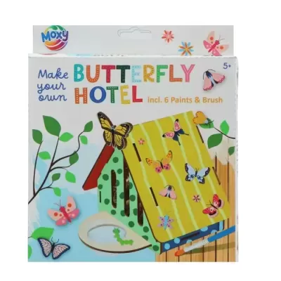 Kit para construir hotel para borboletas com tintas e pincel