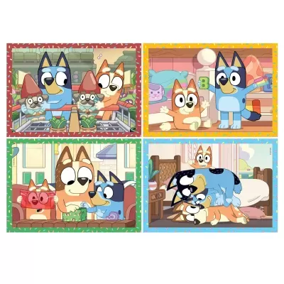 Ilustração com quatro cenas de cães animados em ambientes domésticos coloridos