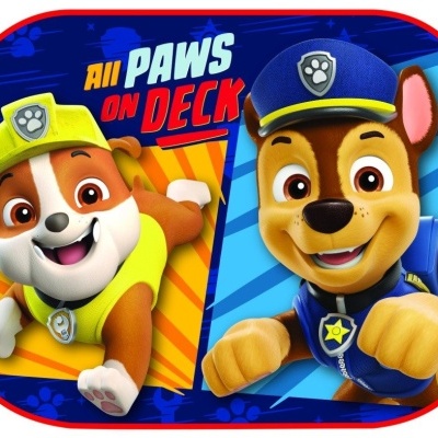 Personagens caninos animados com coletes amarelo e azul e texto 'All PAWS ON DECK'