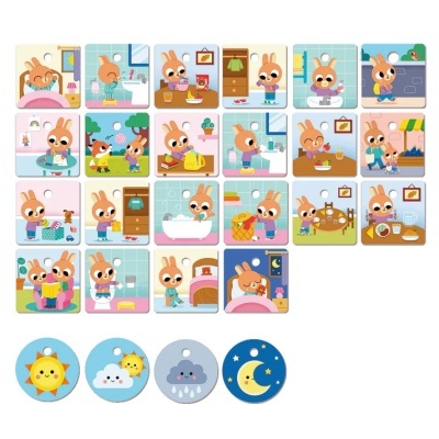 Cartões ilustrados com coelho em atividades diárias e ícones do tempo