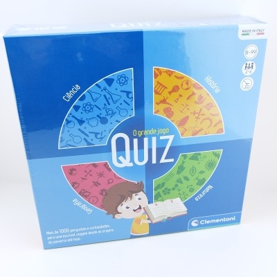 Caixa do jogo de tabuleiro Quiz O grande jogo colorida com temas de ciências, história, geografia e natureza
