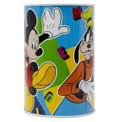 Lata colorida com desenhos de Mickey Mouse e Pateta