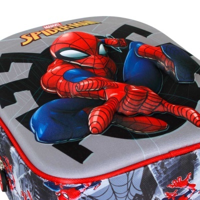 Mochila infantil Homem-Aranha com padrão de teia e cores vermelho, azul e cinza