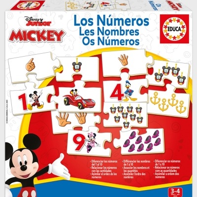 Embalagem jogo educativo Mickey com peças de puzzle e números em várias línguas