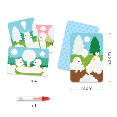 Cartões com desenhos infantis de animais e caneta vermelha.