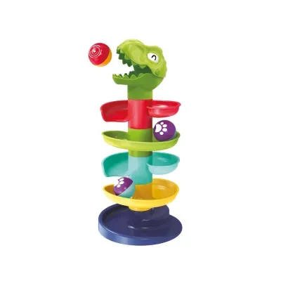 Brinquedo infantil colorido de plástico com formato de dinossauro e pistas para bolas