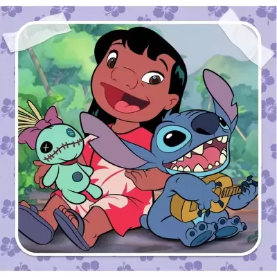Desenho animado de Lilo segurando boneco e Stitch com guitarra, fundo de floresta e moldura floral lilás.