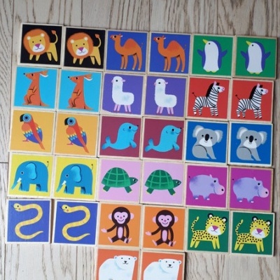 Cartas coloridas de animais em superfície de madeira clara